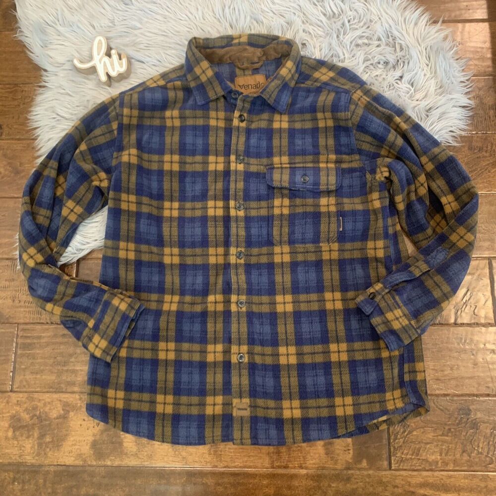 Venado Mens Shirt Jacket Size XL Blue Tan Heavy Flannel Plaid Shacket Po…